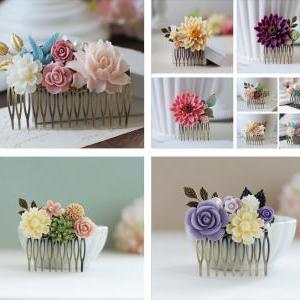 Peach Pink Mint Green Ivory Flowers Hair Comb...