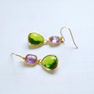 Lavender Apple Green Gold Earrings. Gold Framed..