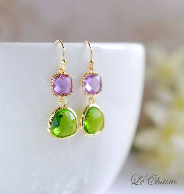 Lavender Apple Green Gold Earrings. Gold Framed Glass Stone Drop Earrings. Dangle Earrings, Summer Earrings, Bridesmaid Earrings